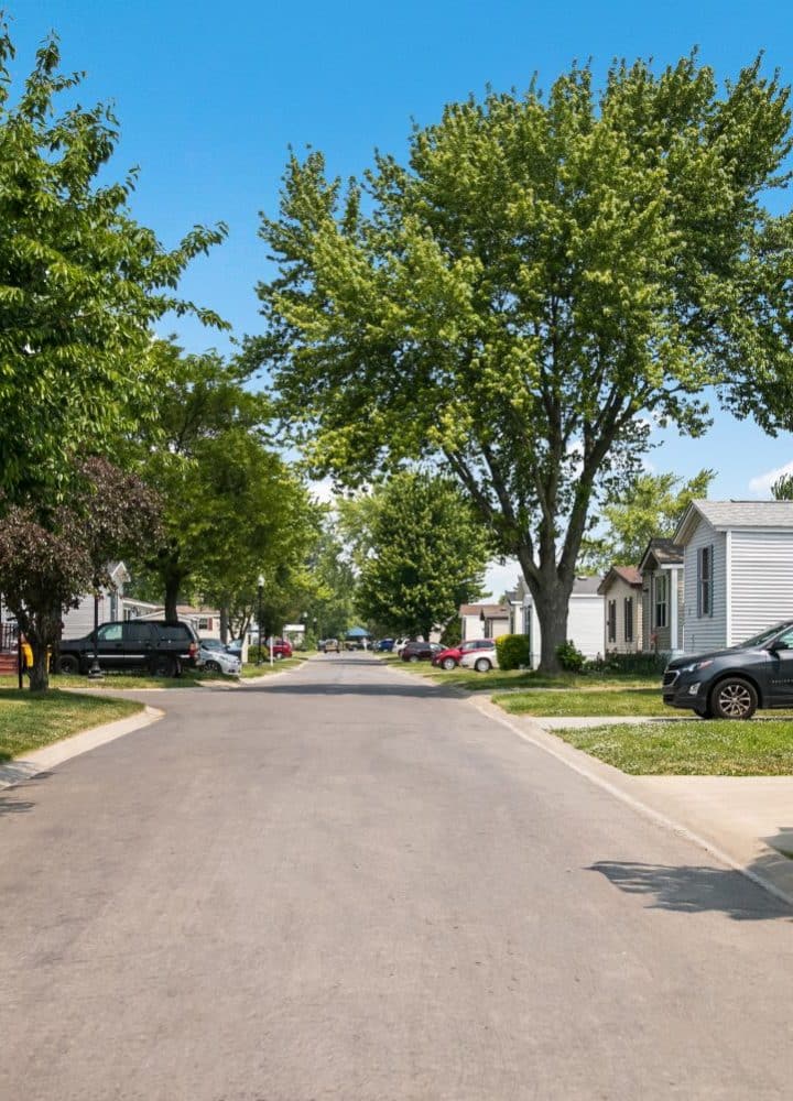 A quiet residential street in Rivers Edge, lined with trees and single-story manufactured homes, with cars parked in driveways and a clear blue sky overhead.