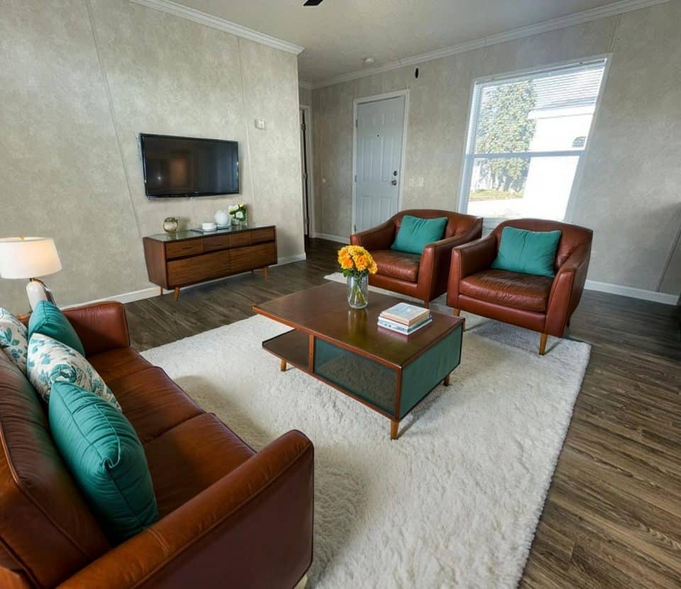 A modern living room with brown leather sofa and chairs, teal accent pillows, a wooden coffee table, TV on the wall, and a white rug on wooden floors. A window lets in natural light near a white front door.