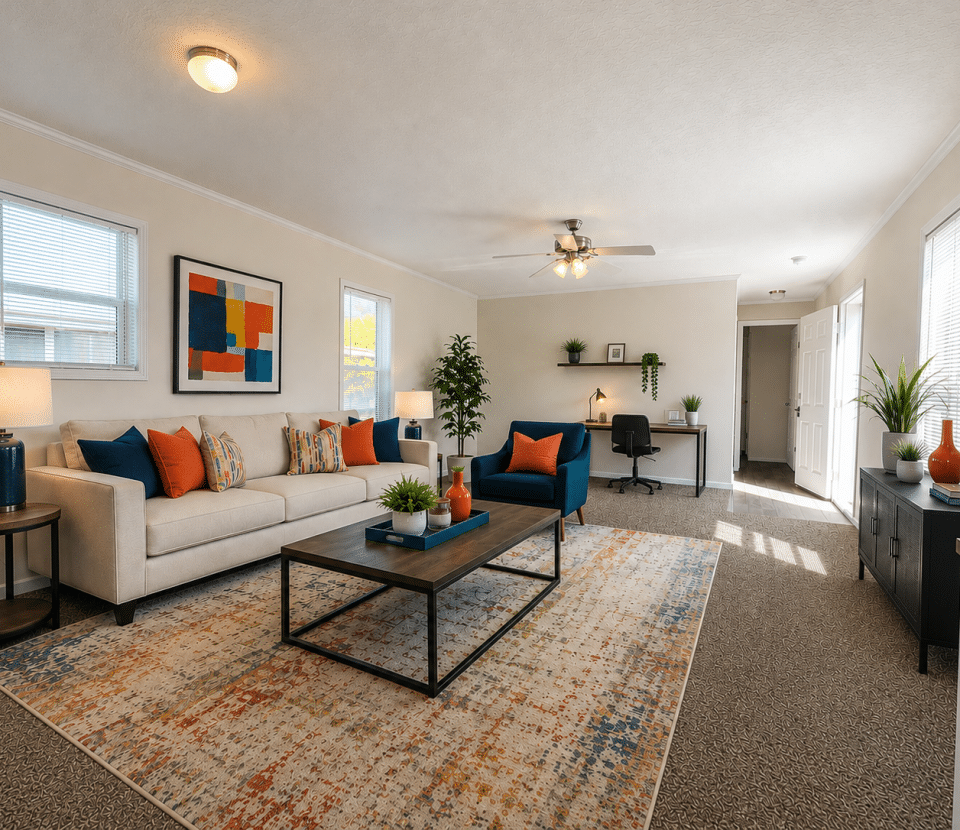 A bright living room with a beige sofa, colorful pillows, two blue chairs, a patterned rug, coffee table, plants, artwork, and a workspace with a desk and chair in the background.