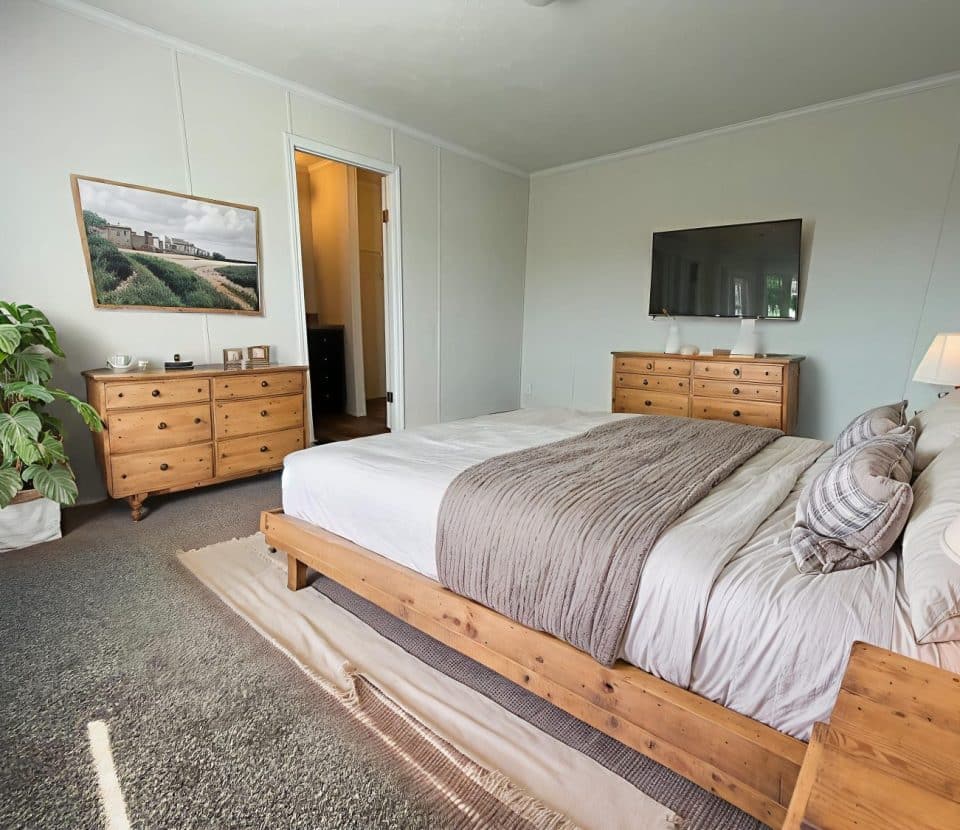 A cozy bedroom with a wooden bed, matching dressers, neutral bedding, two lamps, a large potted plant, and wall-mounted art and TV. Sunlight brightens the room through a nearby window.