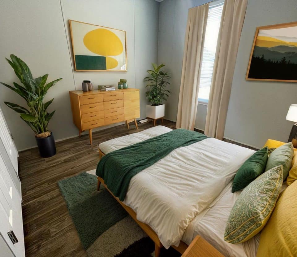 A modern bedroom with a wooden bed, white and green bedding, a light wood dresser, plants, abstract artwork, and a window with beige curtains letting in natural light.