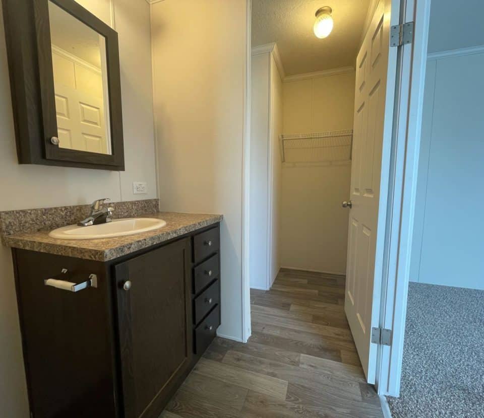 Modern bathroom with a dark wood vanity, white sink, and mirror on the left. An open door reveals a closet with a wire shelf and carpeted bedroom beyond. Light wood flooring and neutral walls throughout.
