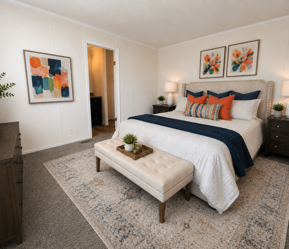 A cozy bedroom with a large bed featuring blue and orange pillows, a tufted bench at the foot, two nightstands with lamps, modern artwork on the walls, and a dresser with plants.
