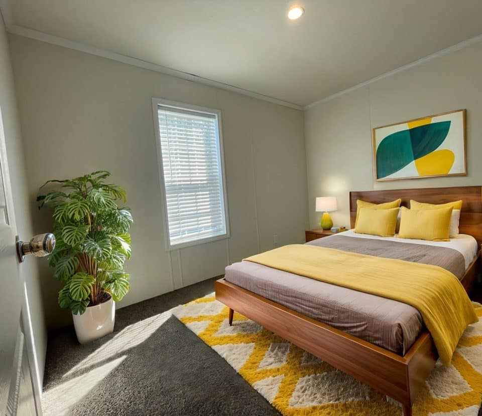 A modern bedroom with a wooden bed, yellow and gray bedding, two bedside tables with lamps, a potted plant by the window, and abstract art above the bed. Sunlight shines through the window onto a patterned rug.