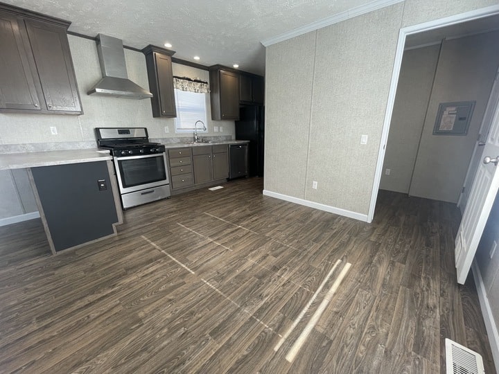 Modern kitchen with dark wood cabinets, stainless steel appliances, and wood-style flooring. There is an open space in the foreground and a doorway leading to another room on the right. Light streams in from a window.