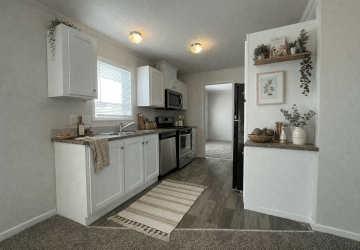 A modern kitchen with white cabinets, stainless steel appliances, a window above the sink, light wood flooring, and decorative plants on the countertops and shelves. A beige rug lies on the floor in front of the sink.