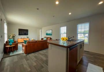 Modern living room with brown leather sofas, a large flat-screen TV, and teal accents, viewed from a kitchen island with a vase of yellow flowers. Sunlight streams in through large windows, brightening the space.