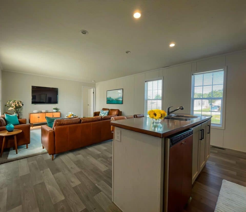 Modern living room with brown leather sofas, a large flat-screen TV, and teal accents, viewed from a kitchen island with a vase of yellow flowers. Sunlight streams in through large windows, brightening the space.