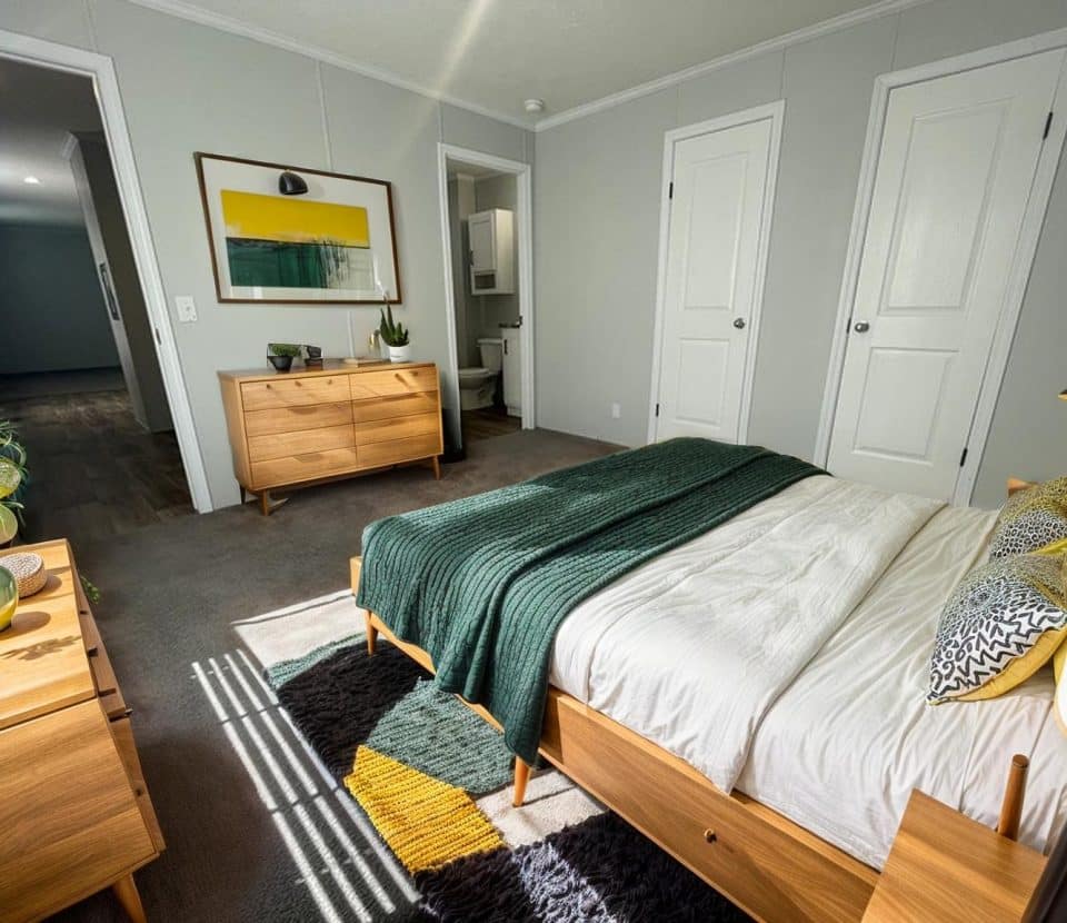 A modern bedroom with light gray walls, wooden furniture, a bed with white bedding and green blanket, dresser, plants, two doors, a large framed artwork, and sunlight streaming through a window.
