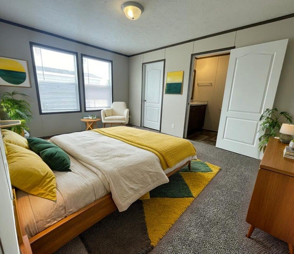 A cozy bedroom with a bed featuring yellow and green bedding, a white armchair by three windows, abstract art on the walls, a small dresser with a plant, and an open door leading to a bathroom.