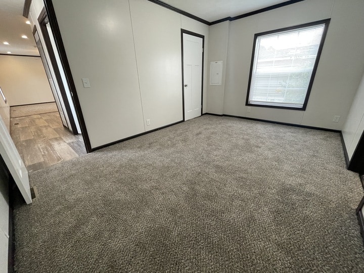 Empty room with beige carpet, white walls, black trim, a closed white door, a large window with blinds, and natural light entering. Hallway with wood flooring visible through an open doorway on the left.