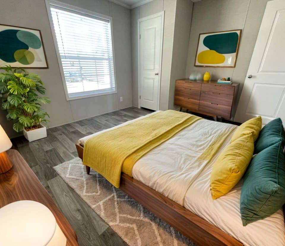 Modern bedroom with a wooden bed, yellow and green bedding, matching pillows, a dresser, a plant, abstract wall art, a large window with blinds, and a rug on dark wood floors. Natural light fills the room.