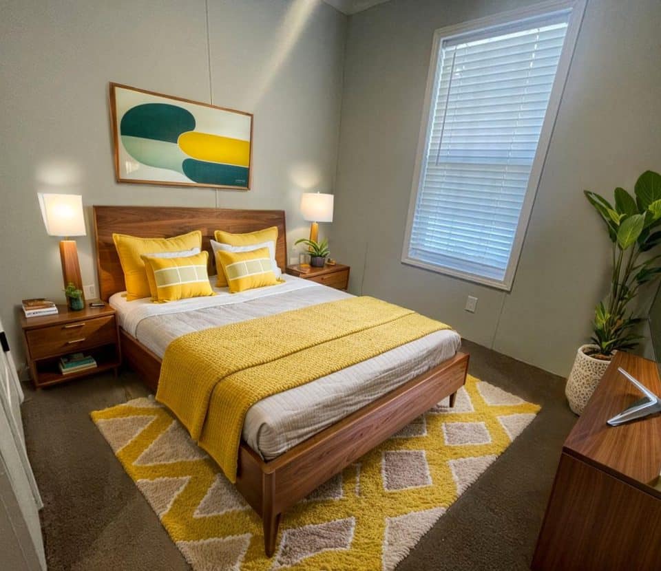 A cozy bedroom with a wooden bed, yellow and white bedding, matching pillows, nightstands with lamps, a geometric rug, framed abstract art, a large window with blinds, and a tall potted plant in the corner.