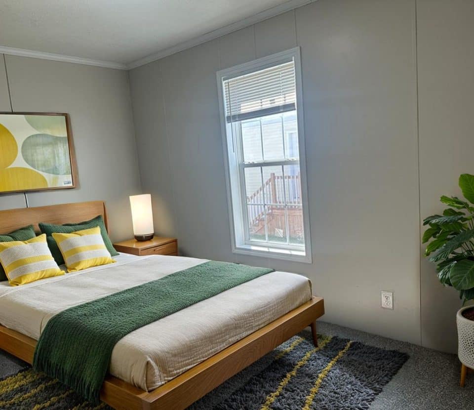 A modern bedroom with a wooden bed, green and yellow accent pillows, a green throw, a nightstand with a lit lamp, a potted plant, wall art, and a window letting in natural light.