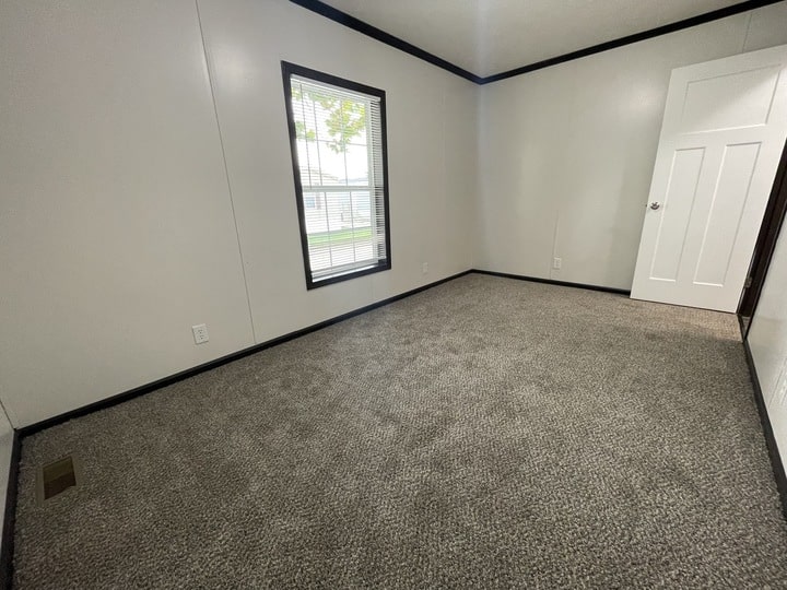 Empty room with beige carpet, white walls, a single window with blinds, black trim, and a white door partially open. Sunlight comes through the window, casting a shadow on the carpet.