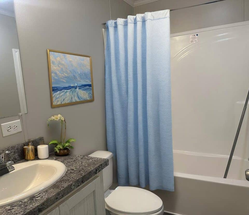A small bathroom with a granite countertop, sink, and toilet. A light blue shower curtain hangs over the bathtub. There’s a potted plant and toiletries by the sink, and a framed beach painting on the wall.
