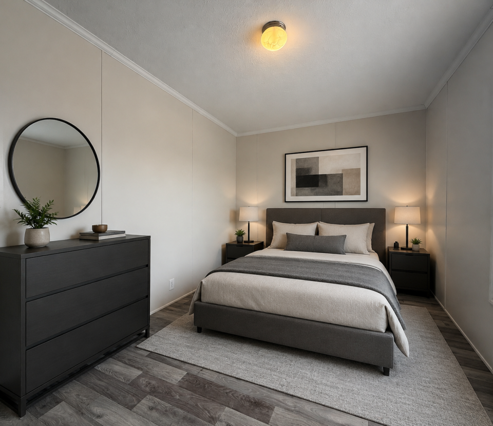 Modern bedroom with a gray bed, beige bedding, two matching nightstands with lamps, a dresser with a round mirror, and a large window letting in natural light. Minimalist decor and neutral colors create a calm atmosphere.