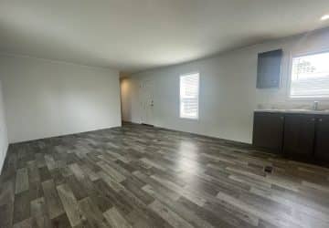 Open, unfurnished room with wood-patterned flooring, white walls, a white front door, two windows, and a dark kitchen cabinet with a sink under one window. Natural light brightens the space.