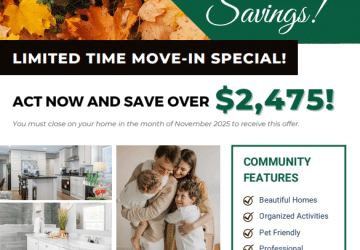 A promotional flyer for Rivers Edge features autumn leaves, a “Fall into Savings!” headline, and advertises a limited-time move-in special with $2,475+ savings. It highlights community features and shows photos of a home and a family.