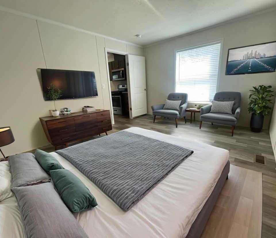 A modern bedroom with a neatly made bed, a TV mounted on the wall, two gray armchairs by a window, a dresser with plants, and a framed picture on the wall. The floor is wood and the room appears bright and tidy.
