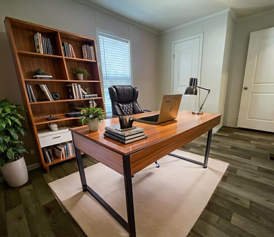 A modern home office with a wooden desk, laptop, lamp, books, and plants. Behind the desk is a black chair, a tall bookshelf with books and decor, a window with blinds, and white walls with two doors.