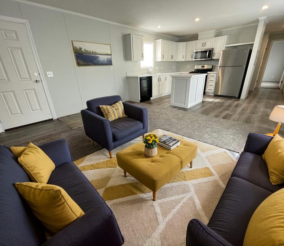 A modern open-concept living room and kitchen with navy sofas, yellow accent pillows, a matching ottoman, a patterned rug, and stainless steel appliances. A potted plant sits on the ottoman, and wall art decorates the space.