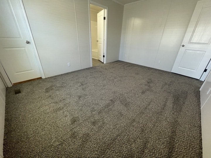 Empty room with light-colored walls, beige carpet flooring, and three white doors—two closed and one open, revealing part of a bathroom. The room is well-lit with natural light.