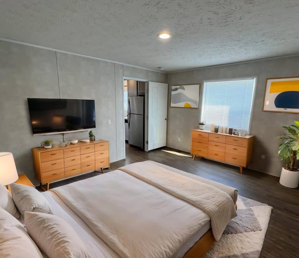 A modern bedroom with a neatly made bed, two wooden dressers, a wall-mounted TV, potted plants, abstract art, and a window letting in natural light. The room has gray walls and dark wood flooring.