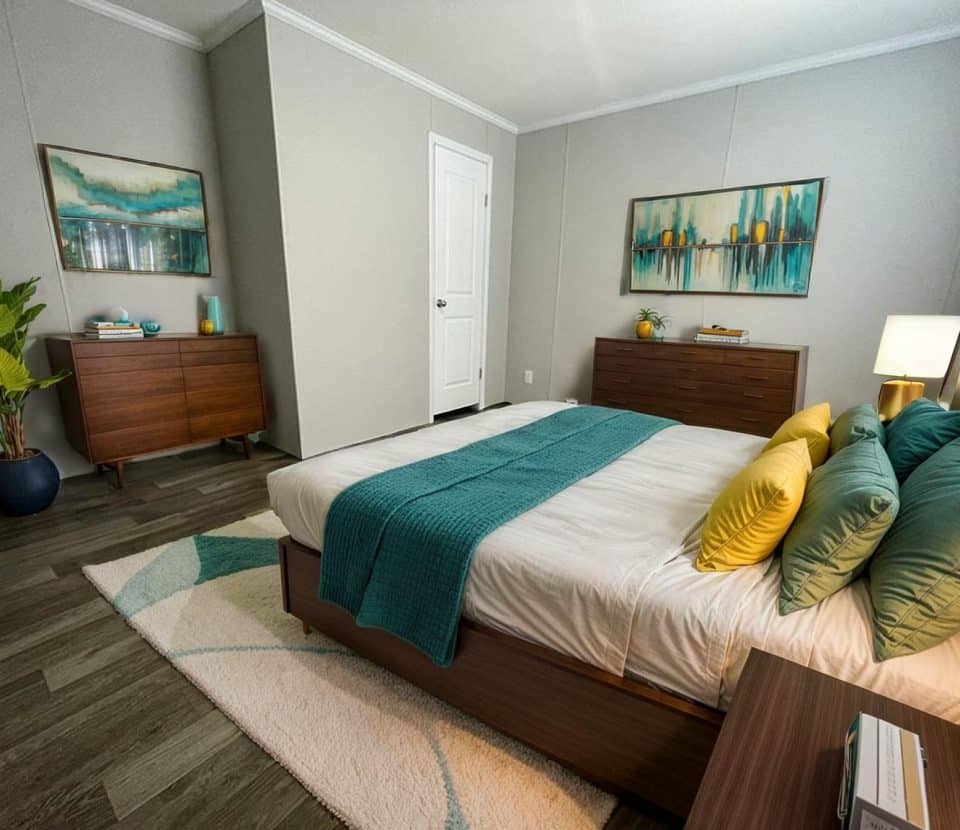 Modern bedroom with a wooden bed, teal and yellow pillows, teal blanket, two dressers, abstract wall art, a green potted plant, and a light rug on dark wood floors. A door is visible in the back wall.
