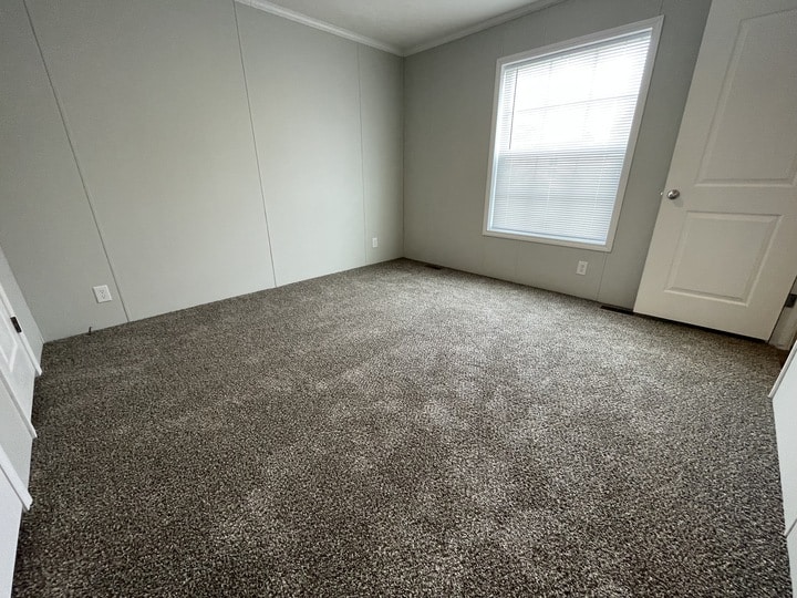 An empty room with light gray walls, a large window with blinds, a white door, and greyish-brown carpet flooring. The room is well-lit with natural light from the window.