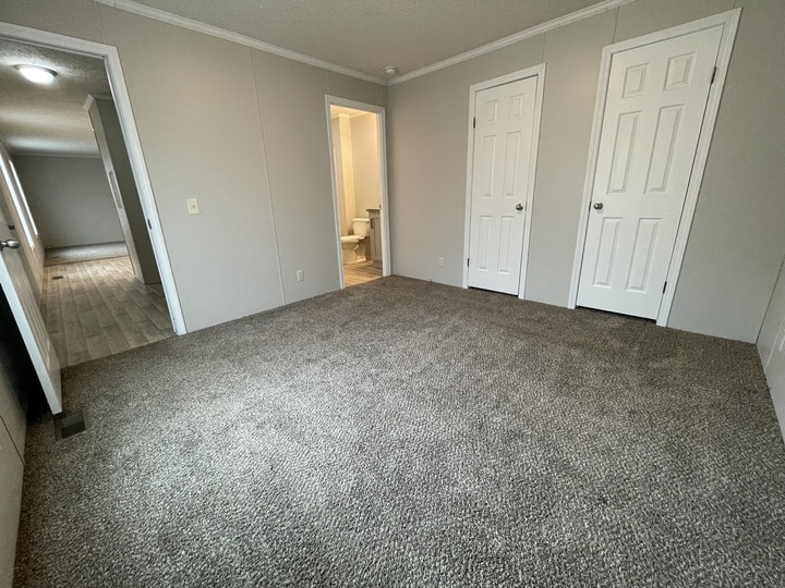Empty carpeted bedroom with gray walls, two white doors, and an open doorway leading to a bathroom with visible toilet. Another doorway leads to a hallway with wood-style flooring and overhead lighting.