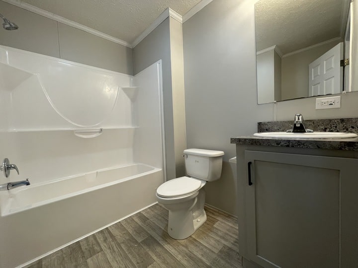Modern bathroom with light gray walls, a white bathtub-shower combo, white toilet, and a vanity with a granite countertop and sink. The floor has wood-style tiles, and a large mirror hangs above the sink.