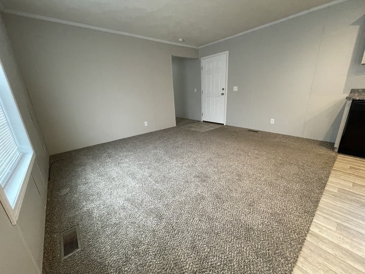 A spacious, empty room with light gray carpet, beige walls, a white door, and a section of light wood-look flooring near the door. A large window allows natural light into the room.