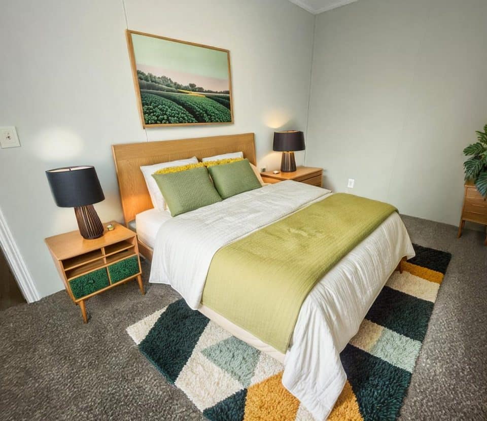 A cozy, modern bedroom with a neatly made bed featuring green and white bedding, two wooden nightstands with black lamps, a geometric rug, a potted plant, and landscape artwork above the headboard.