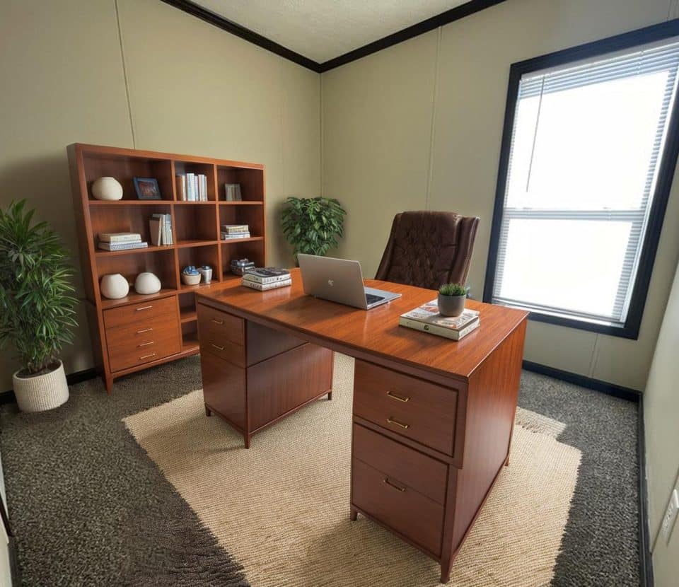 A tidy office features a wooden desk with a laptop, books, and a potted plant. Behind the desk is a cushioned chair and a bookcase, with two tall green plants in the room and sunlight coming through a window.