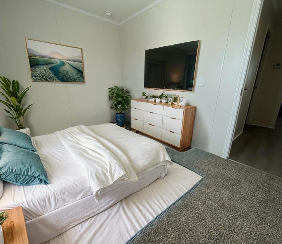 A modern bedroom with a neatly made bed, teal pillows, white bedding, a dresser with decor, a large wall-mounted TV, potted plants, and a landscape photo above the bed. The room has light walls and gray carpet.