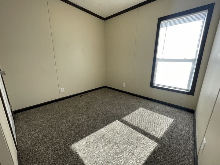 Empty room with beige walls, gray carpet, white ceiling, and a large window letting in sunlight. The window has white blinds and dark trim, and the room appears clean and unfurnished.