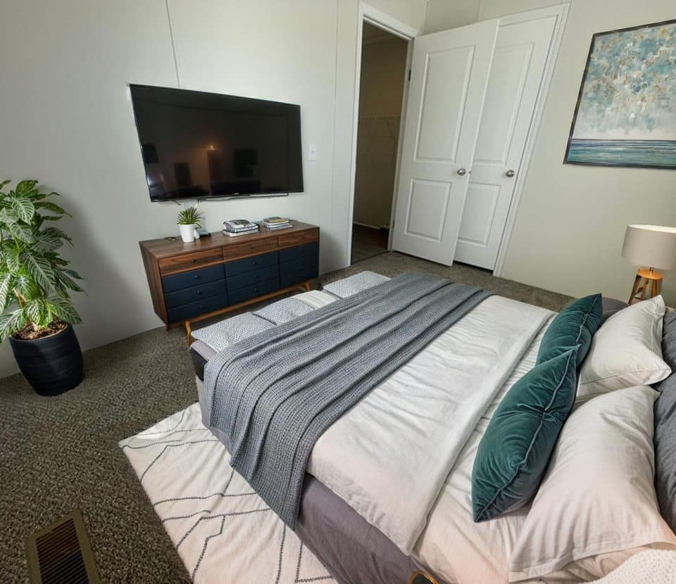 Modern bedroom with neatly made bed, gray and green bedding, and large pillows. A flat-screen TV is mounted on the wall above a wooden dresser. Theres a potted plant, a lamp, and a framed artwork on the wall.