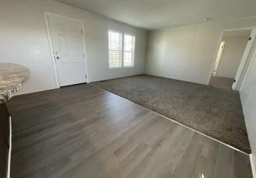 A bright, empty room with light gray wood flooring near the entrance, transitioning to carpet in the living area. White walls, a front door, two large windows, and a doorway to another room are visible.