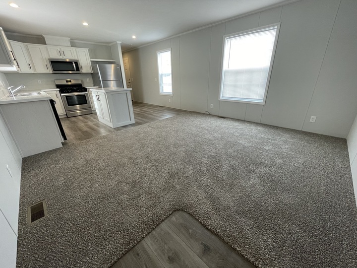 Open-concept living space with gray carpet, adjacent to a kitchen featuring white cabinets, stainless steel appliances, and wood-look flooring. Large windows let in natural light. The area appears clean and modern.