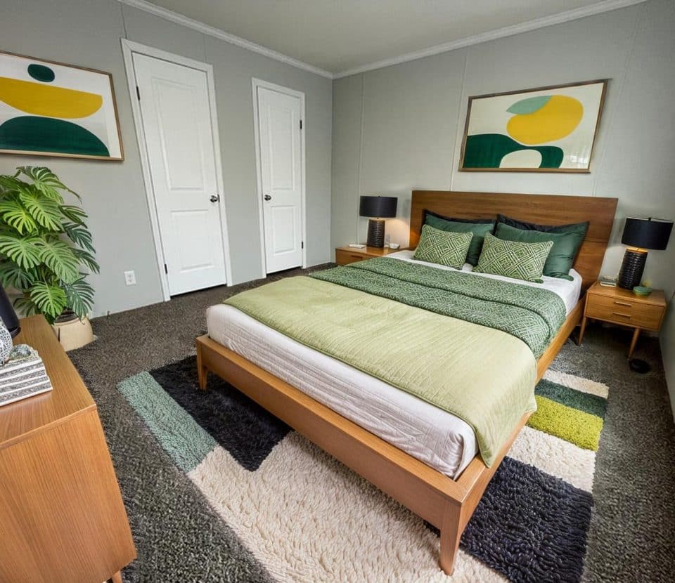 A modern bedroom with a wooden bed, green bedding, two bedside tables with lamps, a dresser, a plant, abstract wall art, and a multicolored rug on a dark carpeted floor. Two white doors are on the back wall.