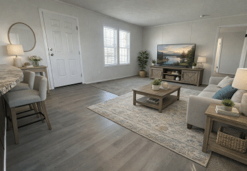 Bright, modern living room with gray wood flooring, a beige sofa, a rug, coffee table, side tables with lamps, TV on a wooden stand, potted plants, and a breakfast bar with two stools near a white front door.