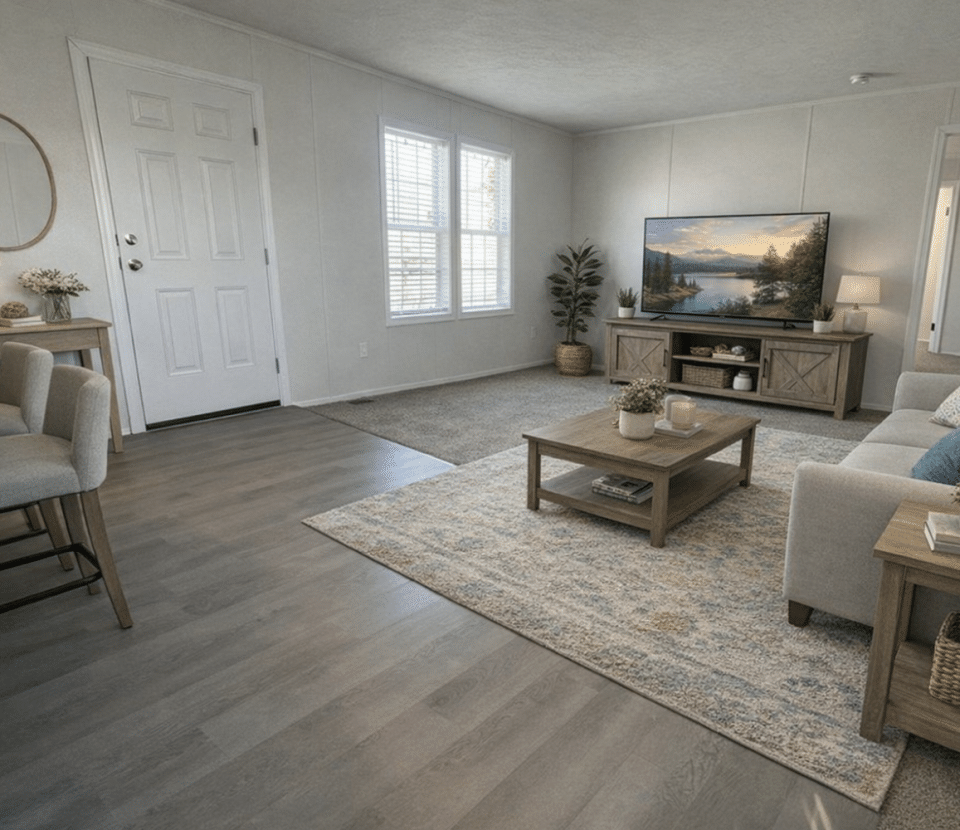 Bright, modern living room with gray wood flooring, a beige sofa, a rug, coffee table, side tables with lamps, TV on a wooden stand, potted plants, and a breakfast bar with two stools near a white front door.