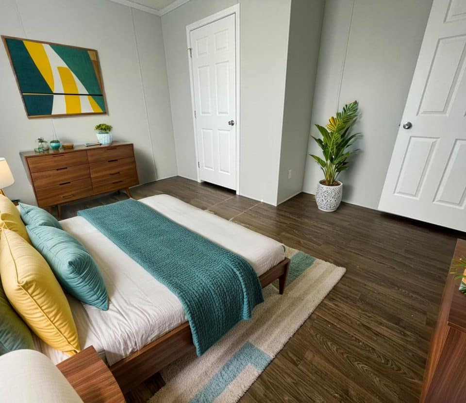 Modern bedroom with a wood bed, teal and yellow pillows, matching throw, wood furniture, potted plant, closed closet, and open door. Walls are light gray; decor is minimal and contemporary.