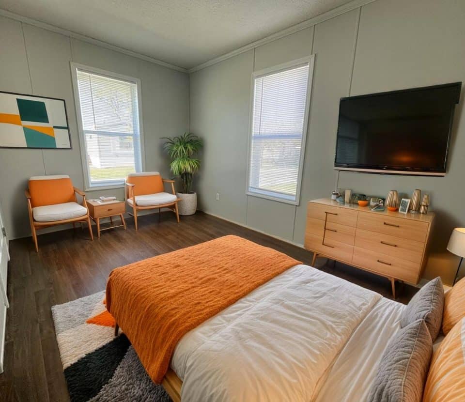 A modern bedroom with gray walls, wood flooring, a bed with white and orange bedding, a wooden dresser, a wall-mounted TV, two orange chairs, a small table, a potted plant, and large windows with blinds.