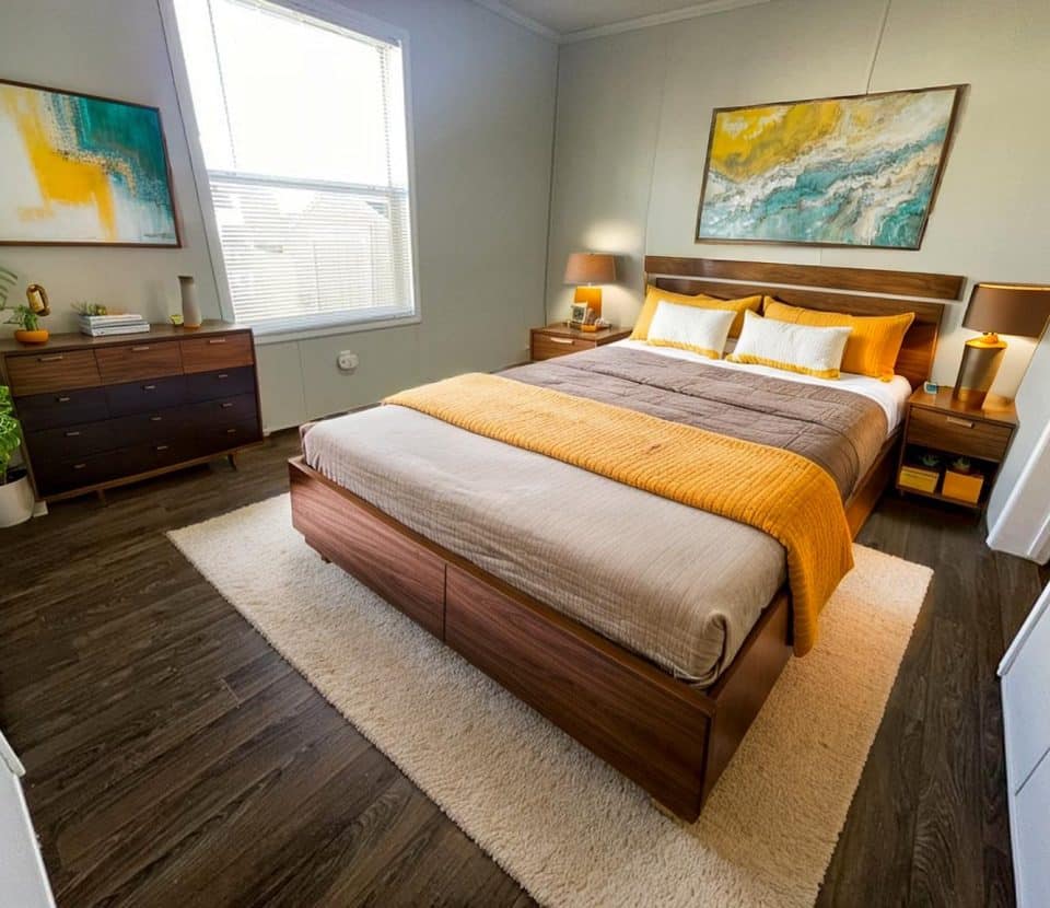 Modern bedroom with a large bed featuring yellow and beige bedding, wooden furniture, abstract art on the walls, a potted plant, and sunlight streaming through a window onto a plush rug over dark wood floors.