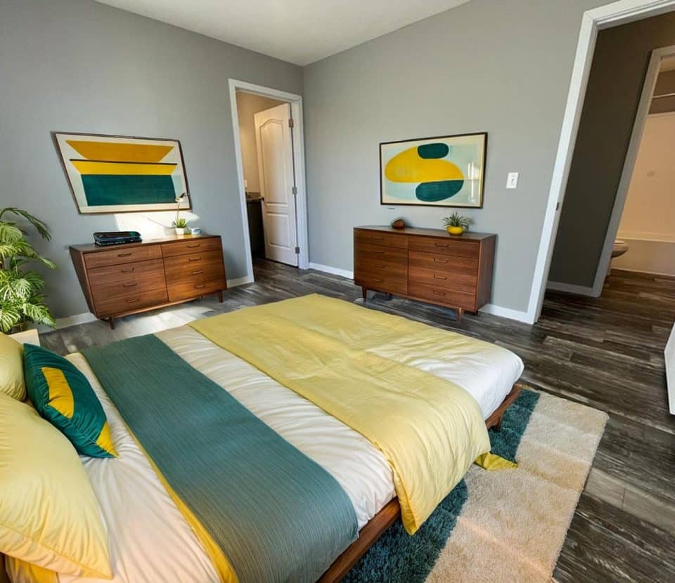 A modern bedroom with grey walls, wood flooring, a bed with yellow and teal bedding, two wooden dressers, abstract art, a plant, and doors leading to a bathroom and a closet. Natural light brightens the space.