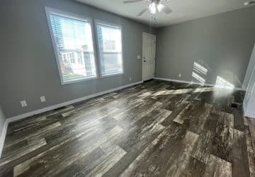 A bright, empty room with gray walls, wood-patterned vinyl flooring, large windows letting in sunlight, a white ceiling fan, and a white door.