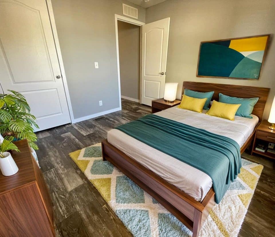 A modern bedroom with a wooden bed, teal and yellow bedding, matching nightstands with lamps, a geometric rug, a potted plant, and abstract wall art on a gray wall with two white doors.