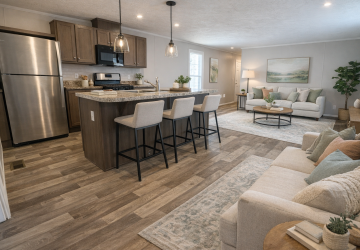 Modern open-concept kitchen and living room with neutral tones. Kitchen has stainless steel appliances, island with bar stools, and pendant lights. Living area features cozy sofas, coffee table, and stylish decor.
